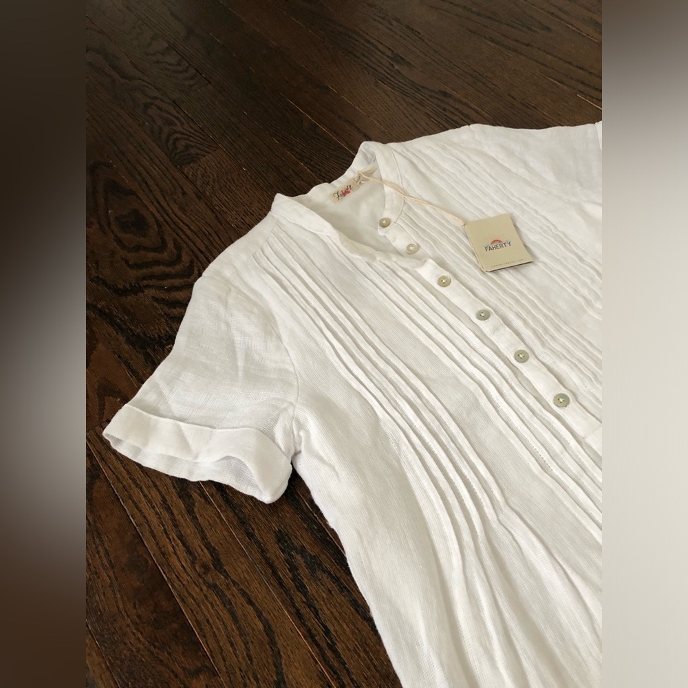 Faherty Women’s XS Gemina White 100% Linen Short-Sleeved Pleated Dress - NWT! - Picture 3 of 13